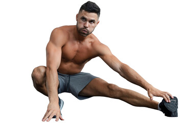 Man at the gym doing stretching exercises on a transparent background