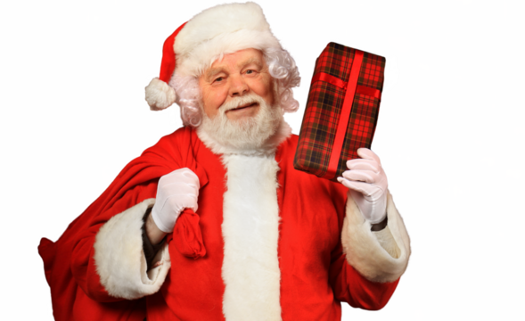 Portrait of happy Santa Claus standing with gift box on a transparent background.