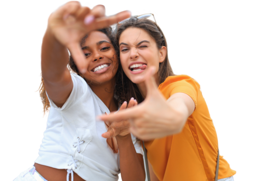 Cute young girls friends having fun together, taking a selfie on a transparent background