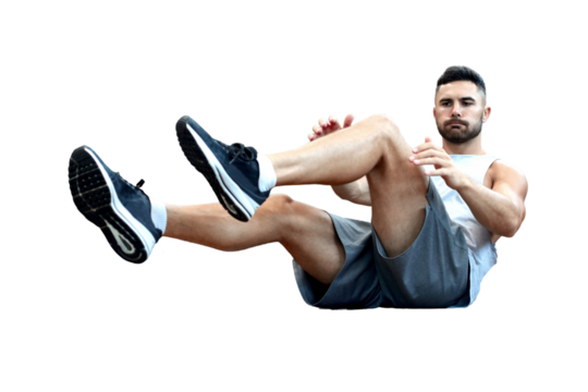 Sporty man stretching and warm-up doing special exercises for muscles before work his body out on a transparent background