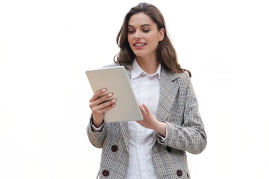 Young smiling businesswoman working on digital tablet on a transparent background