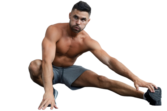 Man at the gym doing stretching exercises on a transparent background