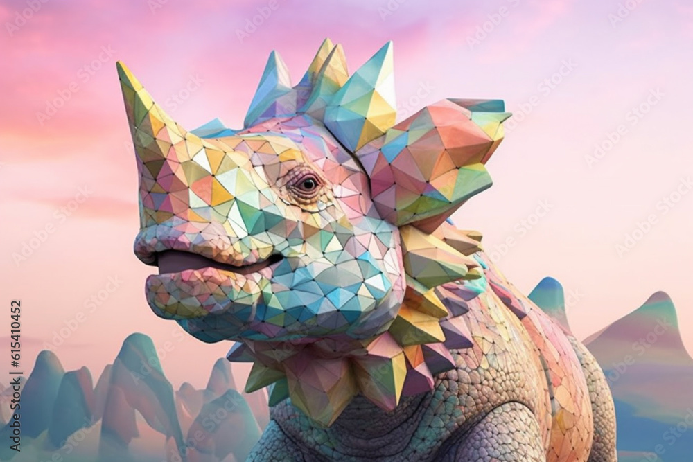 Poster a pastel-colored geometric-style protoceratops artwork with intricate geometric shapes and soft past