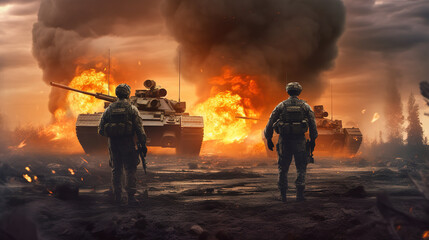 Back view of two special forces soldiers standing against fighting scene on war. Tanks, explosions, fire and smoke in the background.