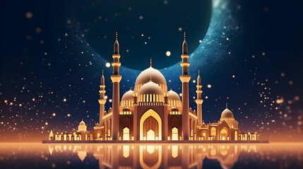 Beautiful abstract background of Ramadan Kareem greeting. Night sky, crescent moon. created with Generative AI