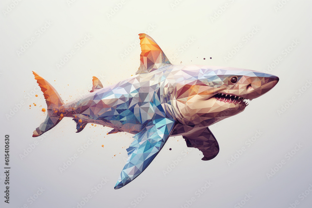 Poster a pastel-colored geometric-style megalodon artwork with intricate geometric shapes and soft pastel h