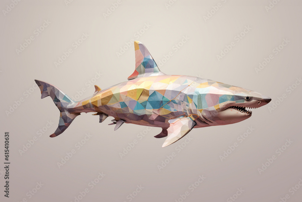 Aufkleber a pastel-colored geometric-style megalodon artwork with intricate geometric shapes and soft pastel h