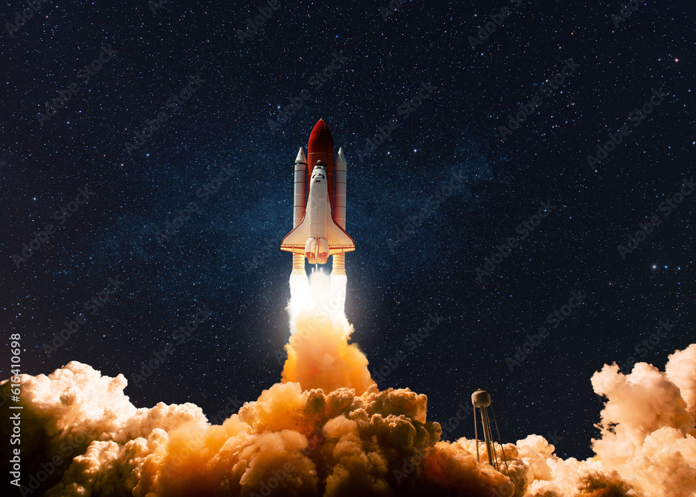 Wall mural new ship rocket shuttle flies to moon. spaceship lift off into the starry sky. rocket starts into sp