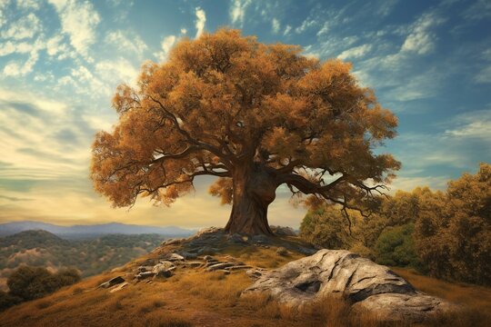 Hyperdetailed Surreal chestnut oak tree on top of a hill, majestic, detailed, vast landscape, autumn, colourful, hdr, photorealism, beautiful lighting, ethereal sky Generative AI