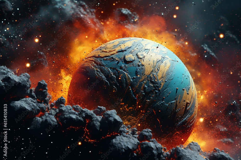 Poster an abstract planet with vibrant geometric layers and textures, creating a sense of depth and dimension within the cosmic landscape. Generative AI technology