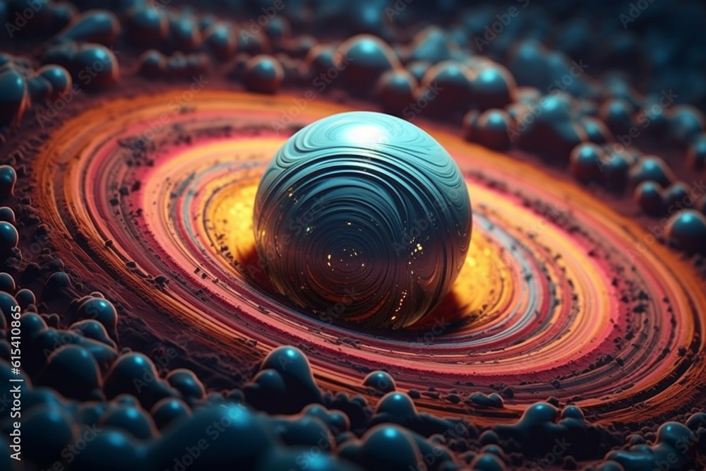 Poster an abstract planet with swirling geometric patterns and soft pastel colors. generative ai technology