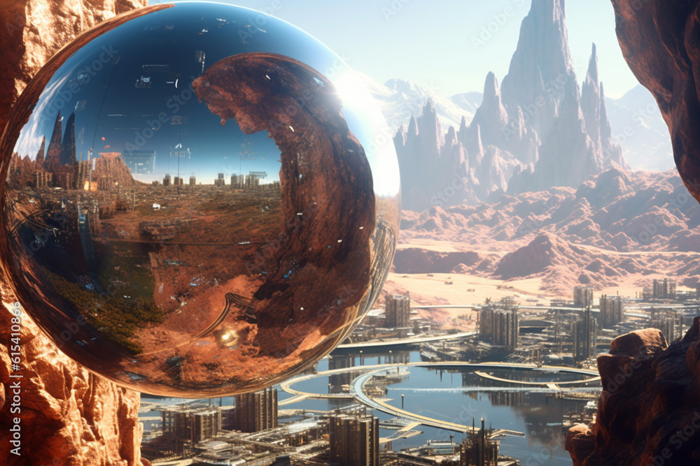 Poster futuristic interpretation of a planet, with angular geometric shapes and metallic hues, capturing th