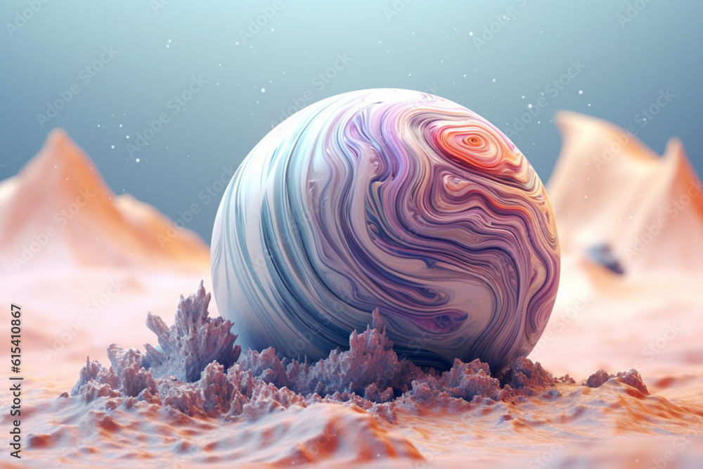Poster an abstract planet with swirling geometric patterns and soft pastel colors. Generative AI technology