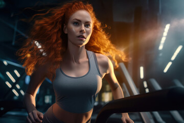 Fototapeta na wymiar Beautiful young long red haired woman running on a treadmill at the gym.