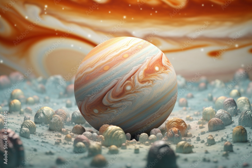 Aufkleber An abstract Jupiter with swirling geometric patterns and soft pastel colors, evoking a sense of tranquility and serenity in the cosmic expanse. Generative AI technology