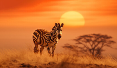 Fototapeta na wymiar illustration of african landscape with zebra in the sunset light. Created with Generative AI