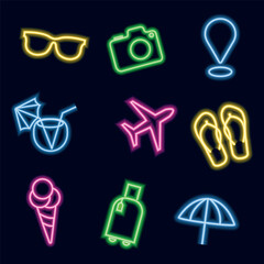 Set of glowing neon travel icons