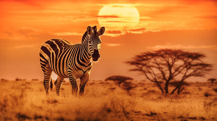 Fototapeta na wymiar illustration of african landscape with zebra in the sunset light. Created with Generative AI