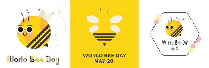 Cute World Bee Day Greeting Card Set. Cute bees. Flowers. Honeycomb background. Vector Illustration. Celebrated on May 20. 