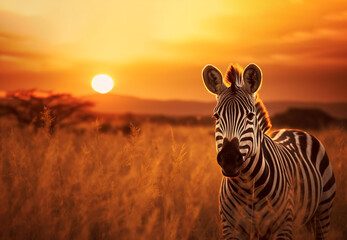 illustration of african landscape with zebra in the sunset light. Created with Generative AI