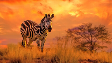 illustration of african landscape with zebra in the sunset light. Created with Generative AI - obrazy, fototapety, plakaty