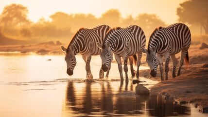 illustration of african landscape with zebra in the sunset light. Created with Generative AI