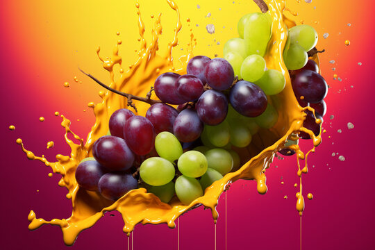 An vibrant photograph Viognier grape splashed in bright paint, contemporary background. Generative AI technology
