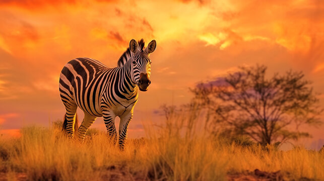 illustration of african landscape with zebra in the sunset light. Created with Generative AI