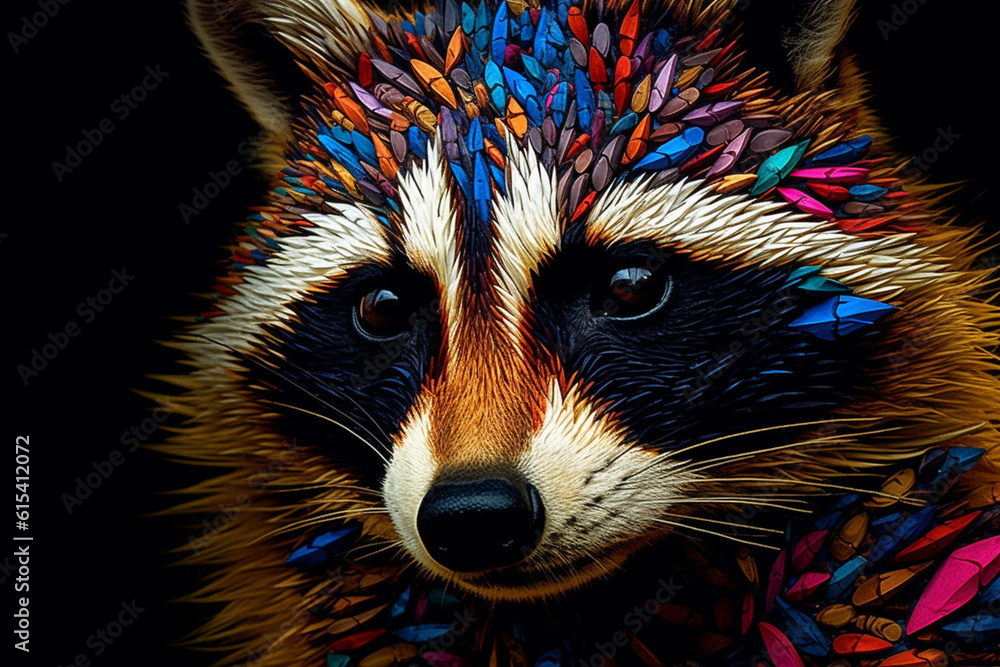 Fototapete A complex, multi-layered pattern of interlocking shapes that resembles a raccoon face. Generative AI technology