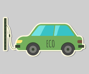 Ecology sticker with electric car. Love our earth, save planet. Eco labels. Care for nature