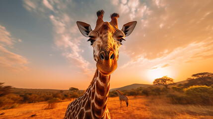 illustration of african landscape with giraffe in the sunset light. Created with Generative AI - obrazy, fototapety, plakaty