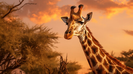 Obraz premium illustration of african landscape with giraffe in the sunset light. Created with Generative AI