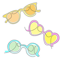 Set of colored summer sunglasses isolated on white background. One line art