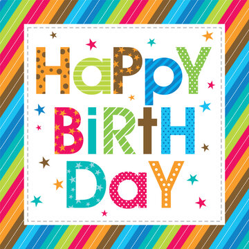 happy birthday with colorful text and stripes