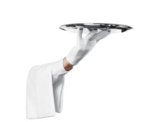 Waiter hand in glove with towel holding big silver tray, cut out