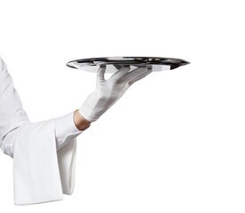 Waiter hand in glove with towel holding big silver tray, cut out