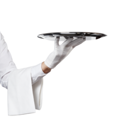 Waiter hand in glove with towel holding big silver tray, cut out