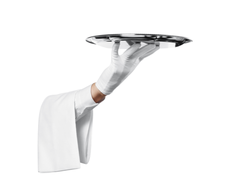 Waiter hand in glove with towel holding big silver tray, cut out