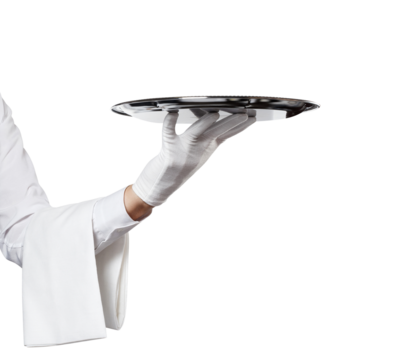 Waiter hand in glove with towel holding big silver tray, cut out