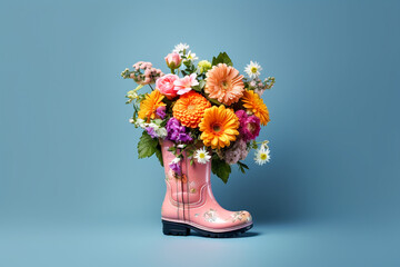 Floral bouquet in the boots. Super photo realistic background. Generative ai illustration