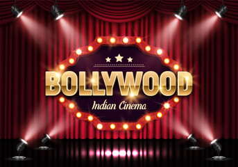 Bollywood indian cinema. Movie banner or poster on red curtain background illuminated by spotlights. Vector illustration. - obrazy, fototapety, plakaty