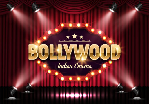 Naklejka Bollywood indian cinema. Movie banner or poster on red curtain background illuminated by spotlights. Vector illustration.