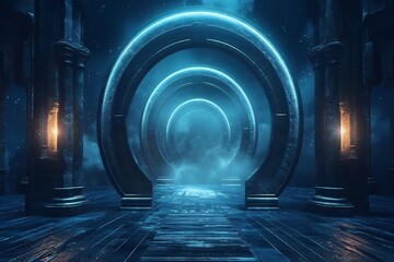 Illusion, beautiful, stunning, breathtaking background with mirrors, glass, magic circle, magic doorway, fantasy, mist, bioluminescence, hyper-realistic, unreal engine Generative AI