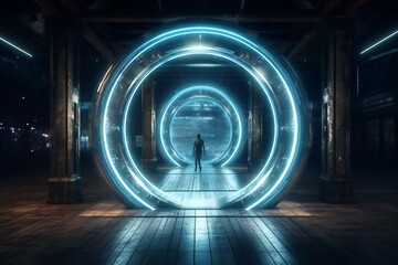 Fototapeta premium Illusion, beautiful, stunning, breathtaking background with mirrors, glass, magic circle, magic doorway, fantasy, mist, bioluminescence, hyper-realistic, unreal engine Generative AI
