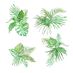 Watercolor bouquet of bright tropical leaves