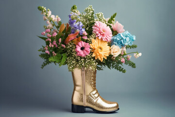 Floral bouquet in the boots. Super photo realistic background. Generative ai illustration