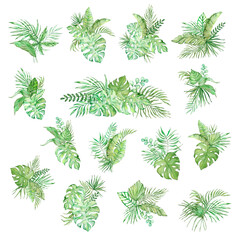 Watercolor bouquet of bright tropical leaves