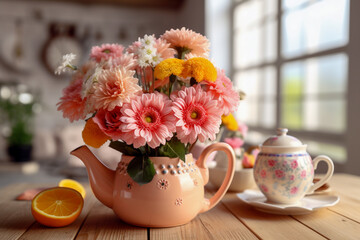 Obraz na płótnie Canvas Floral bouquet in the teapot. Super photo realistic background. Generative ai illustration