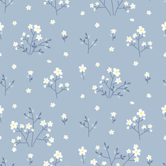 Seamless pattern of white flowers on light blue background. Floral print