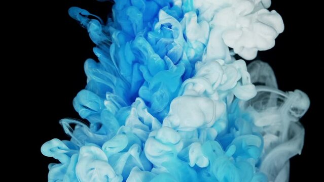 Enchanting Pearl Cascade: Abstract Colors Mix of Fluid Art Ink, Blue and White Color Paint Drops in Water, Slow Motion of Liquid Ink Isolated